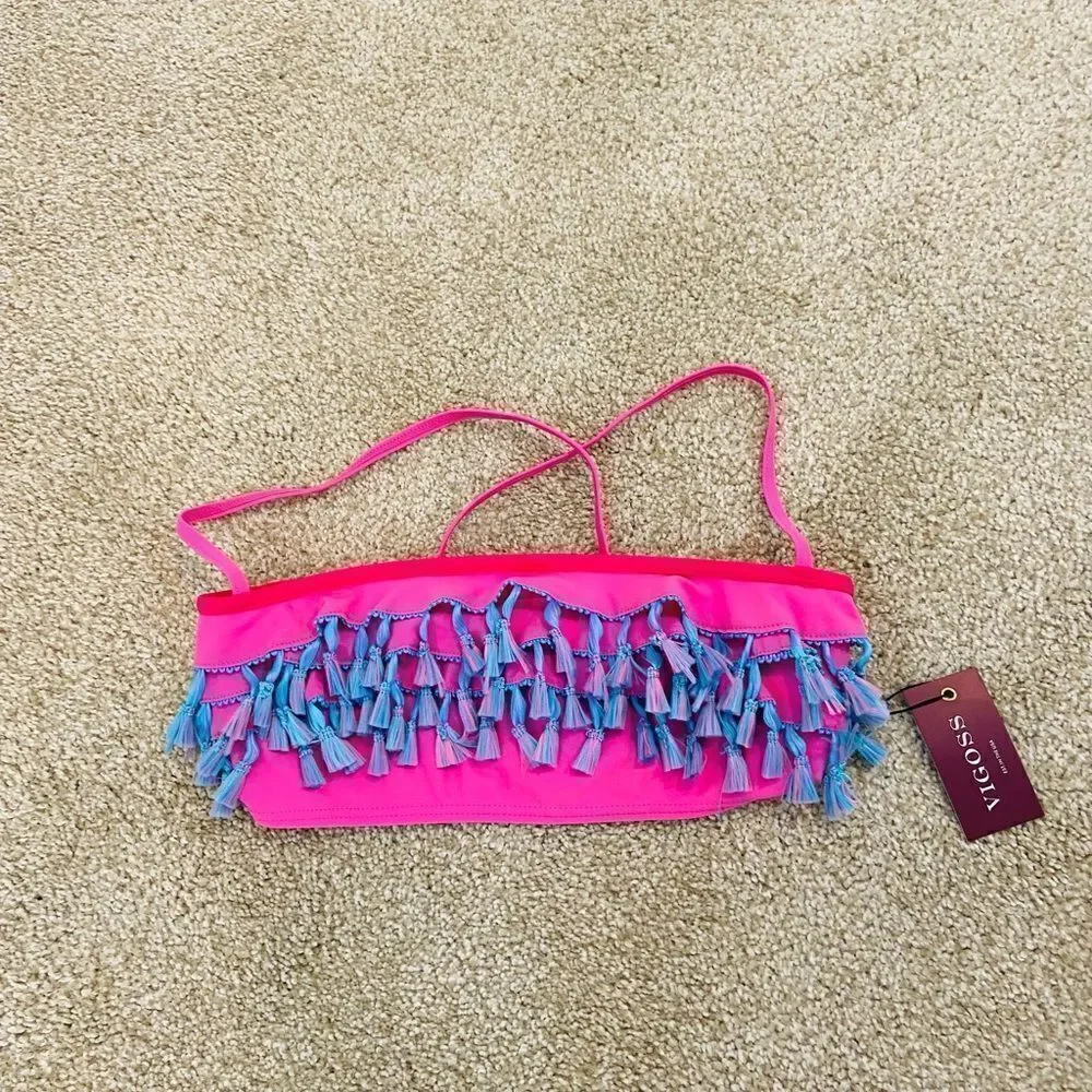 NWT vigoss swim pink active top with turquoise fringe adjustable straps tie